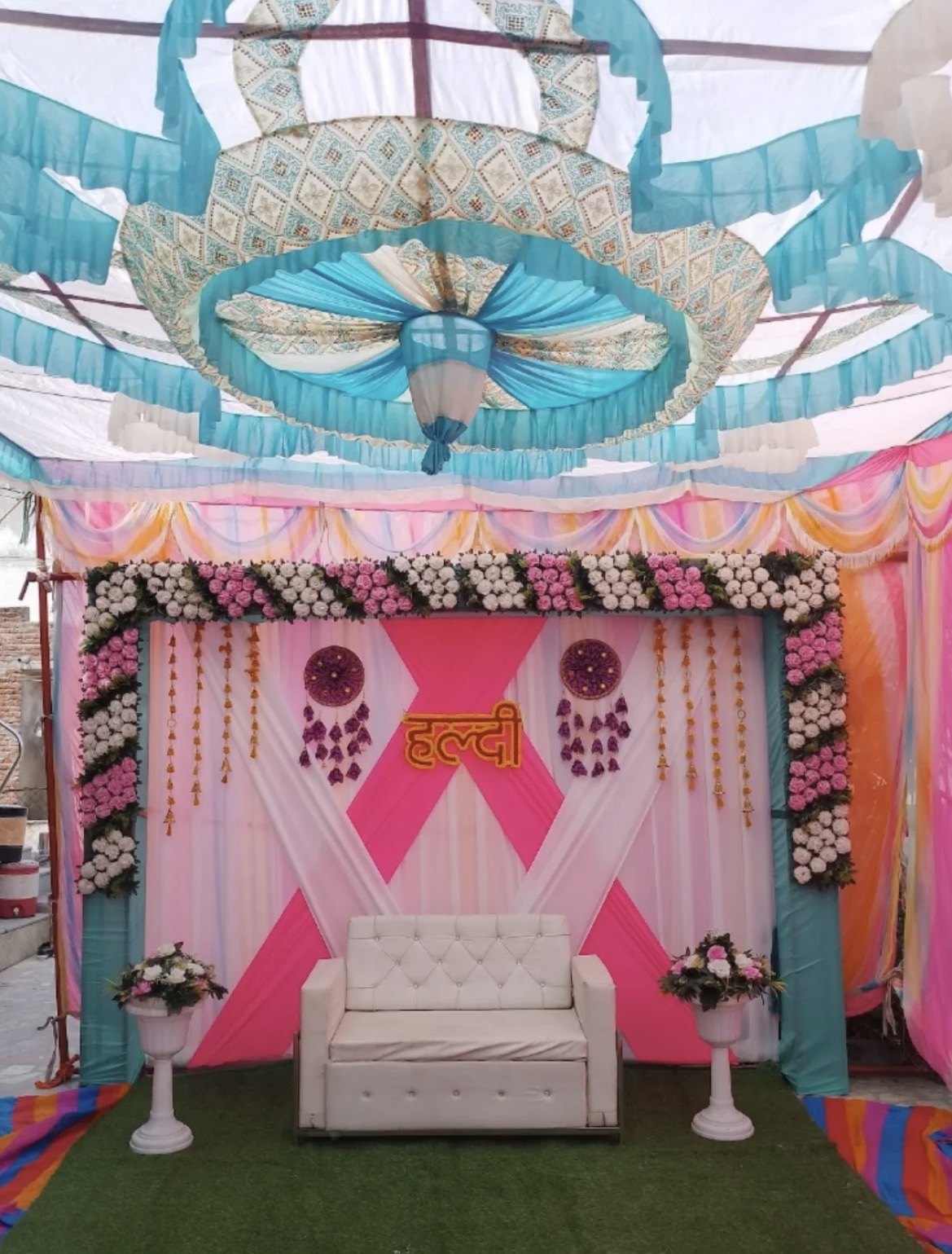 Mahakal colourful Haldi stage and canopy decoration